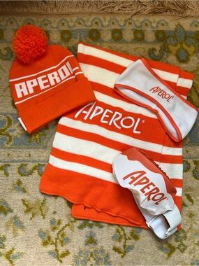Aperol Orange & White Knit Beanie, Scarf, Ear Muff, and Lens Cover Set